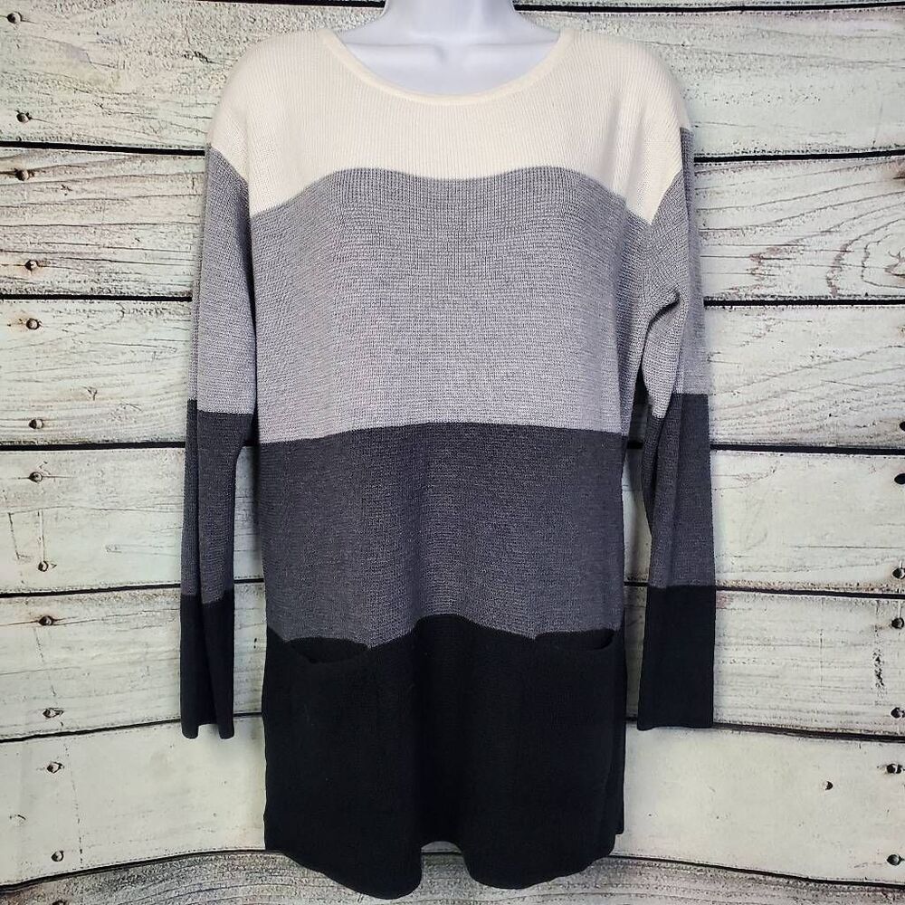 Vince Camuto Large Colorblock Knit Hoodie Sweater Brown Beige Gray Stripe Pullov